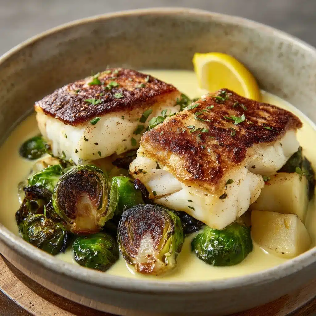 Lemon Garlic Butter Cod Bowls with Roasted Brussels Sprouts Recipe - Recipe Image