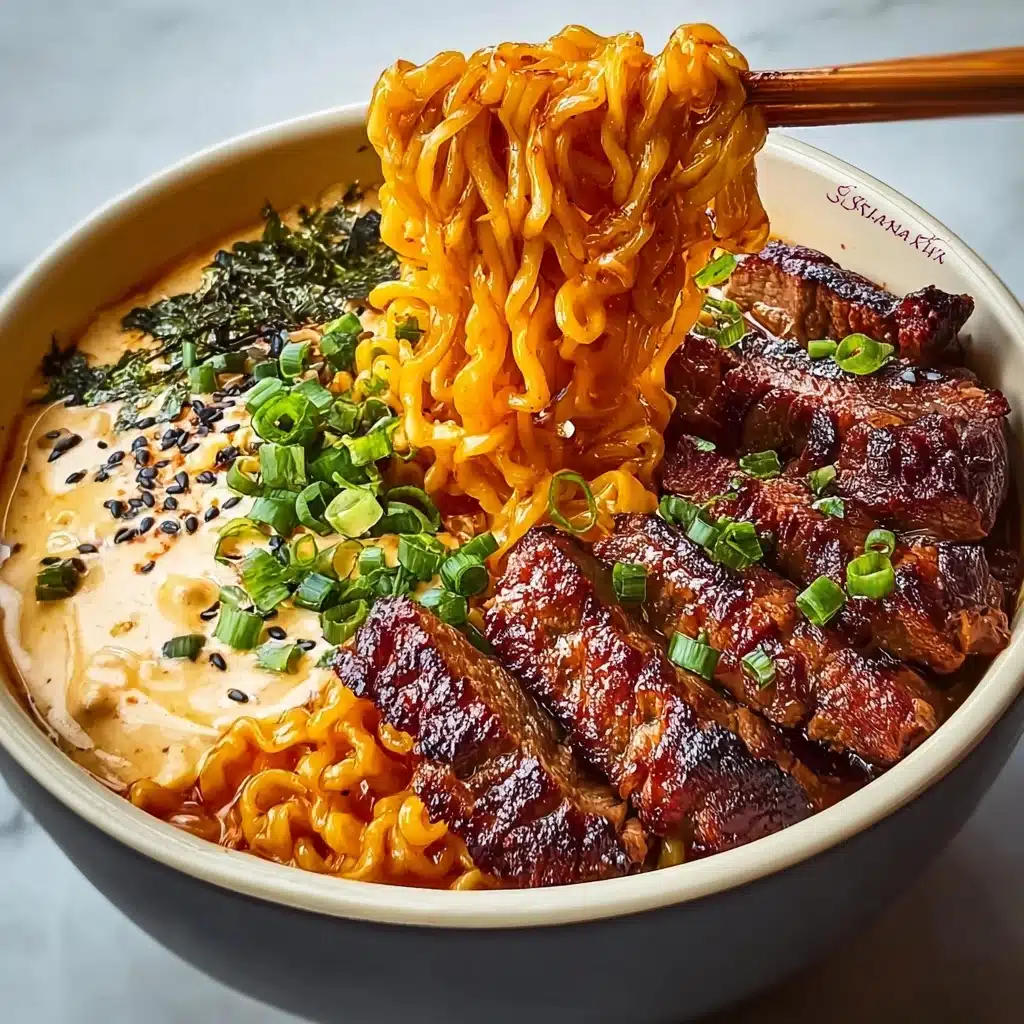 Spicy Korean Ramen with Grilled Beef & Creamy Sauce Recipe - Recipe Image