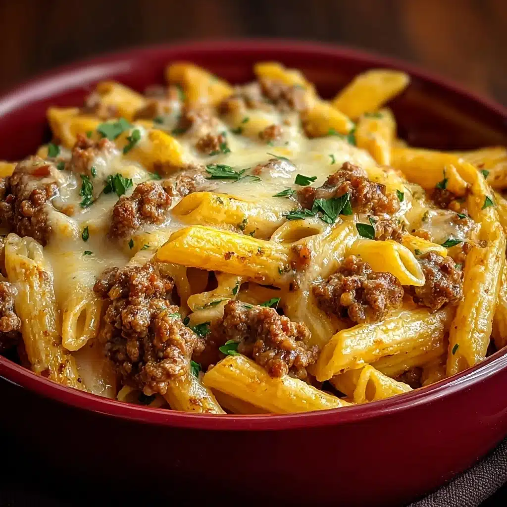 Cheesy Penne with Garlic Butter Ground Beef Recipe - Recipe Image