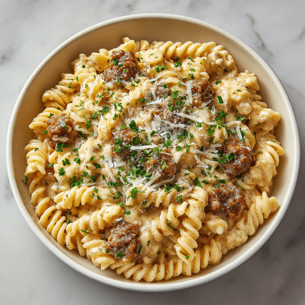 Creamy Beef and Rotini in Garlic Parmesan Sauce Recipe - Recipe Image