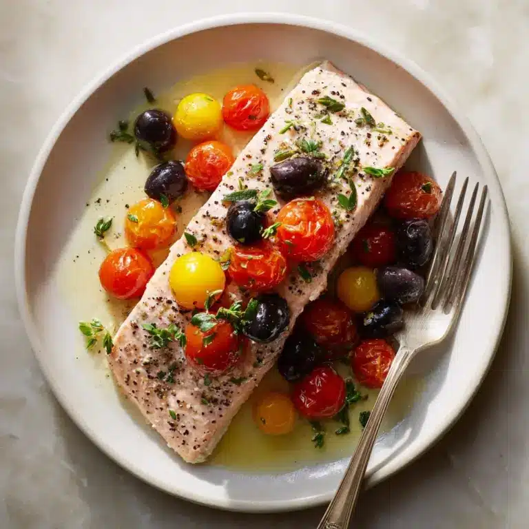 Roasted Salmon & Tomatoes with Garlic & Olives Recipe