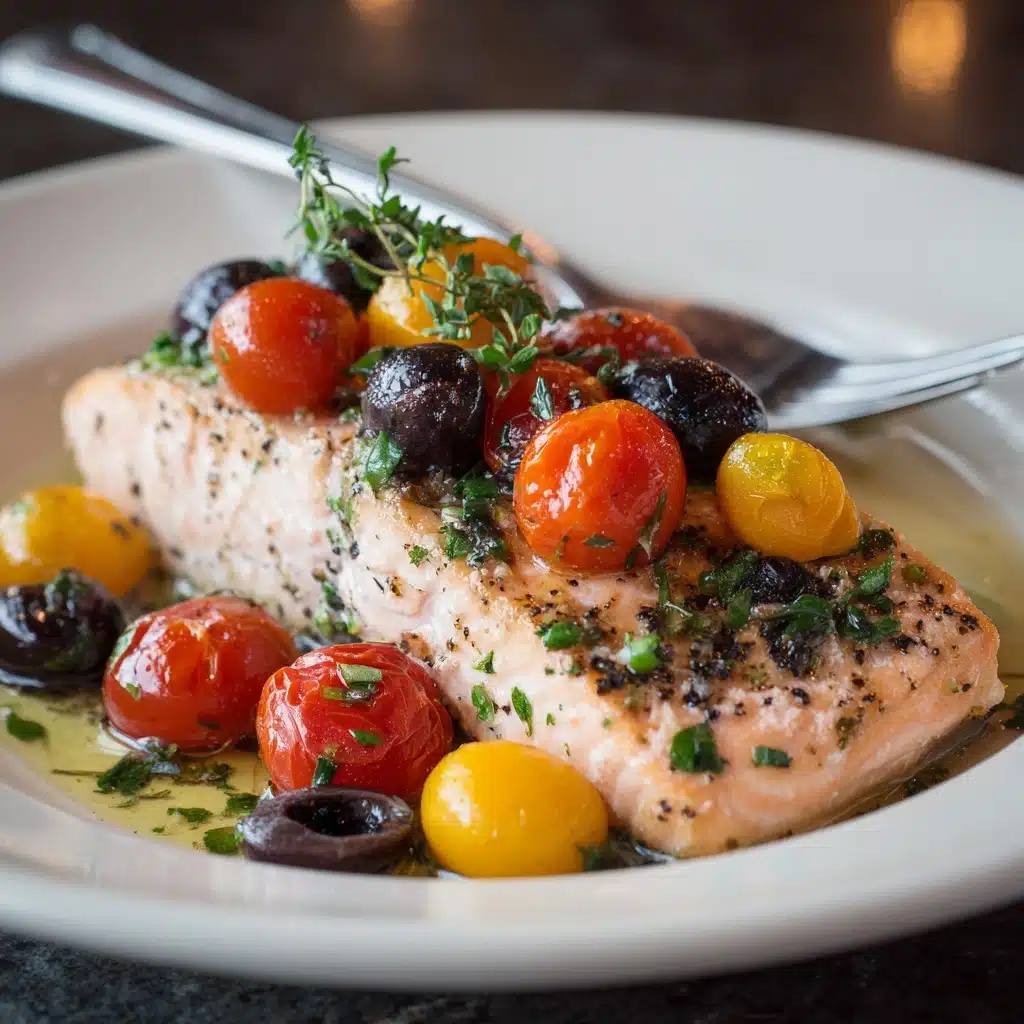 Roasted Salmon & Tomatoes with Garlic & Olives Recipe - Recipe Image