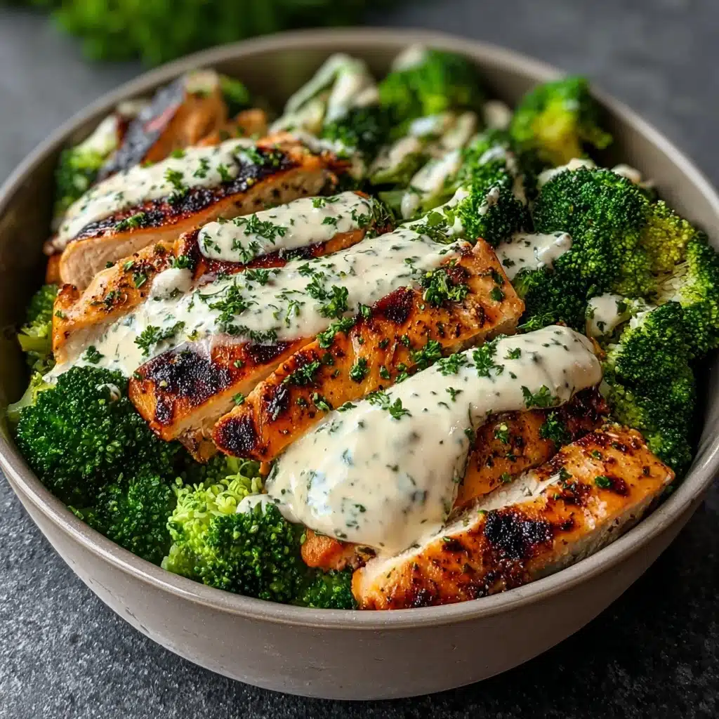 Grilled Chicken & Broccoli Bowls with Creamy Garlic Sauce Recipe - Recipe Image