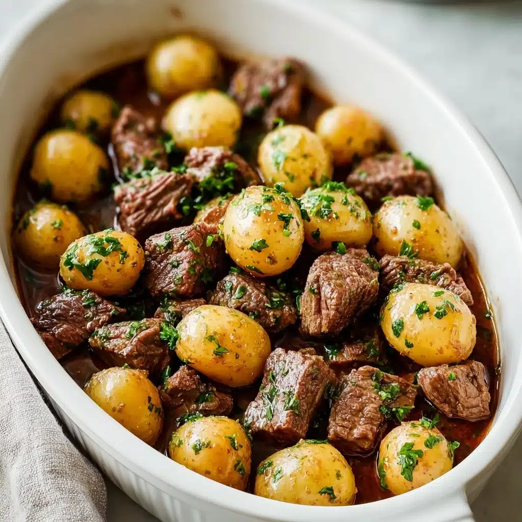 crockpot garlic butter beef bites with potatoes Recipe - Recipe Image