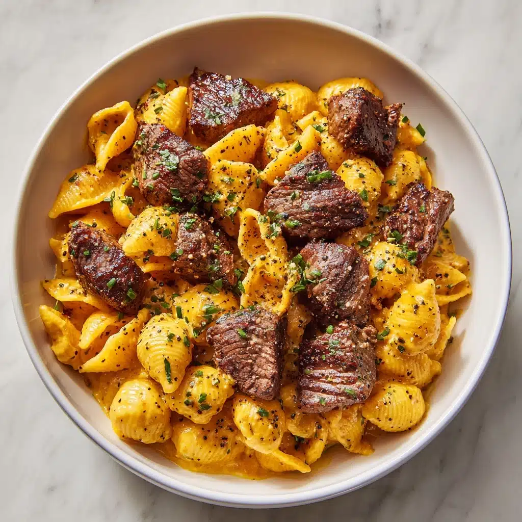 Cajun Steak Bites and Cheesy Garlic Shells Skillet Recipe - Recipe Image