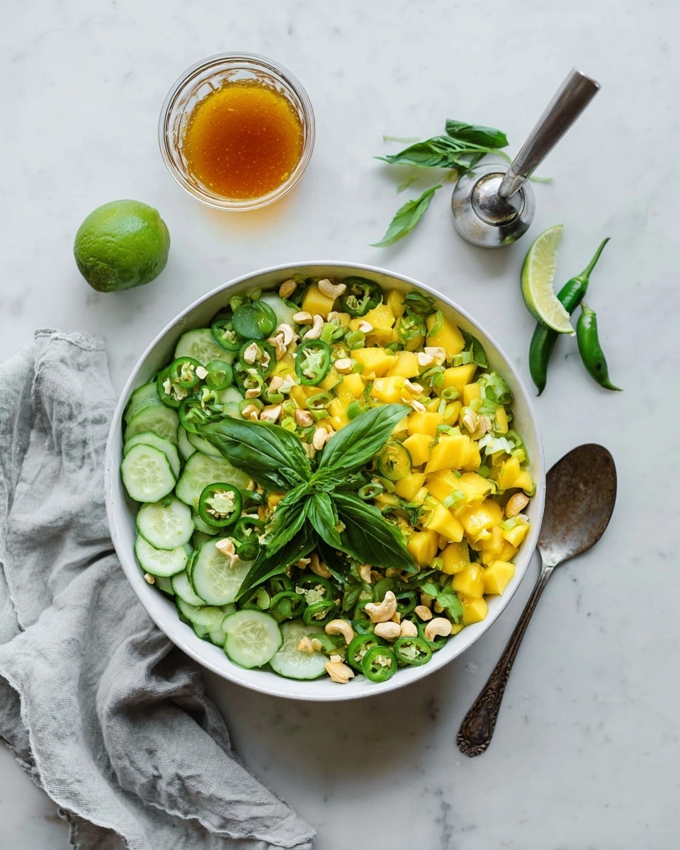 A white bowl filled with a fresh salad composed of thinly sliced cucumber rounds layered on the bottom, bright yellow mango chunks scattered evenly throughout, and light green slices of jalapeño peppers placed on top. The salad is garnished with chopped fresh mint leaves and roughly chopped cashews spread over all layers, with a small sprig of mint in the center. To the top right of the bowl, there is a small clear glass bowl holding a golden-brown dressing with a silver spoon resting inside. The entire scene is set on a white marbled surface. photo taken with an iphone --ar 4:5 --v 7