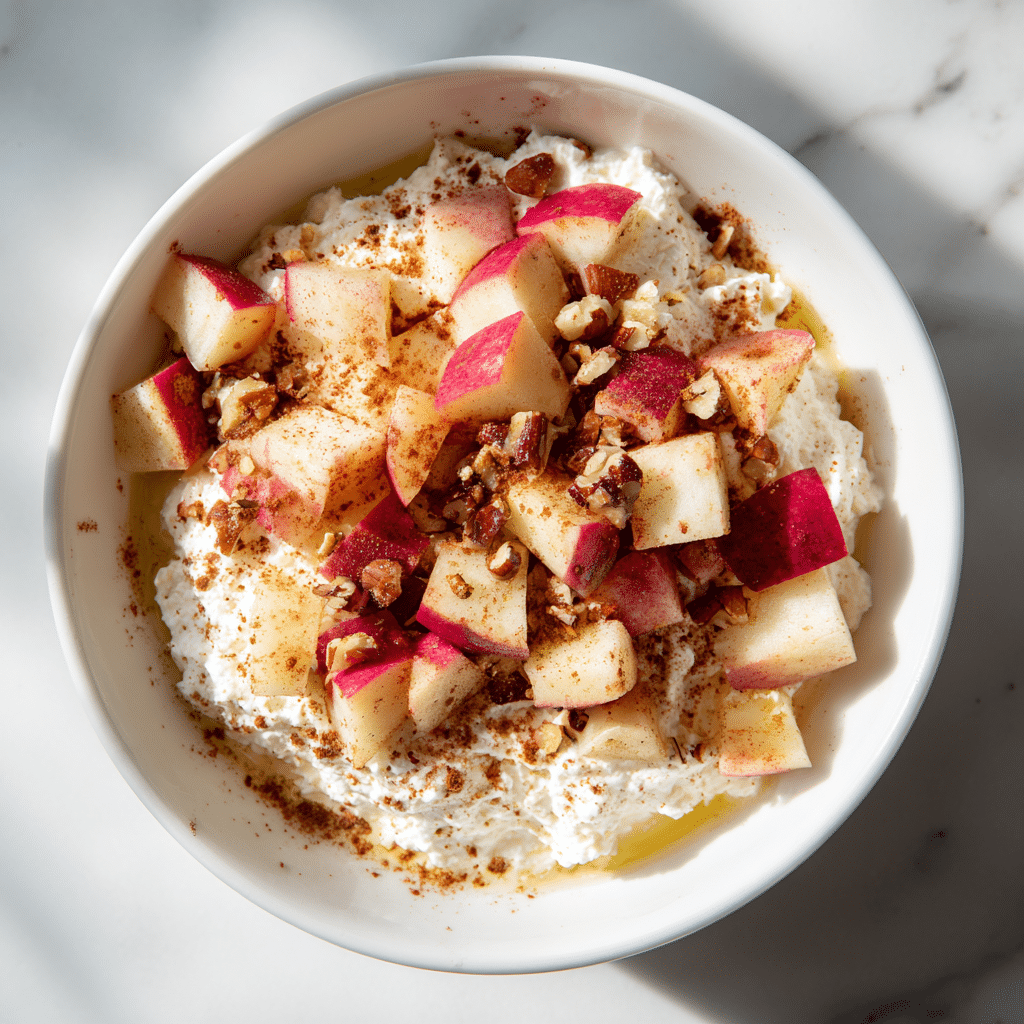 A white bowl filled with a creamy white layer of cottage cheese or yogurt at the bottom. On top, there are multiple small cubes of red-skinned apple with light yellow flesh, sprinkled evenly with ground cinnamon. Chopped brown nuts are scattered generously over the apples, adding texture, and a thin drizzle of golden honey shines around the edges of the bowl. All is placed on a white marbled surface. photo taken with an iphone --ar 4:5 --v 7