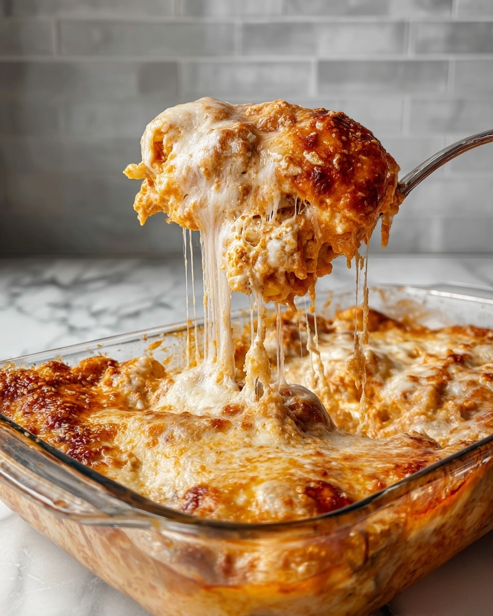The image shows a close-up of a baked casserole being served with a large spoon. The casserole has multiple layers with a thick top layer of golden-brown melted cheese that is stretchy and gooey, dripping in strings from the spoon. Under the cheese, there is a rich, saucy layer with a mix of creamy white and orange-red colors, indicating tomato sauce and creamy cheese. The casserole is in a clear glass baking dish set on a white marbled surface. The background has a smooth, light gray tile texture. Photo taken with an iphone --ar 4:5 --v 7