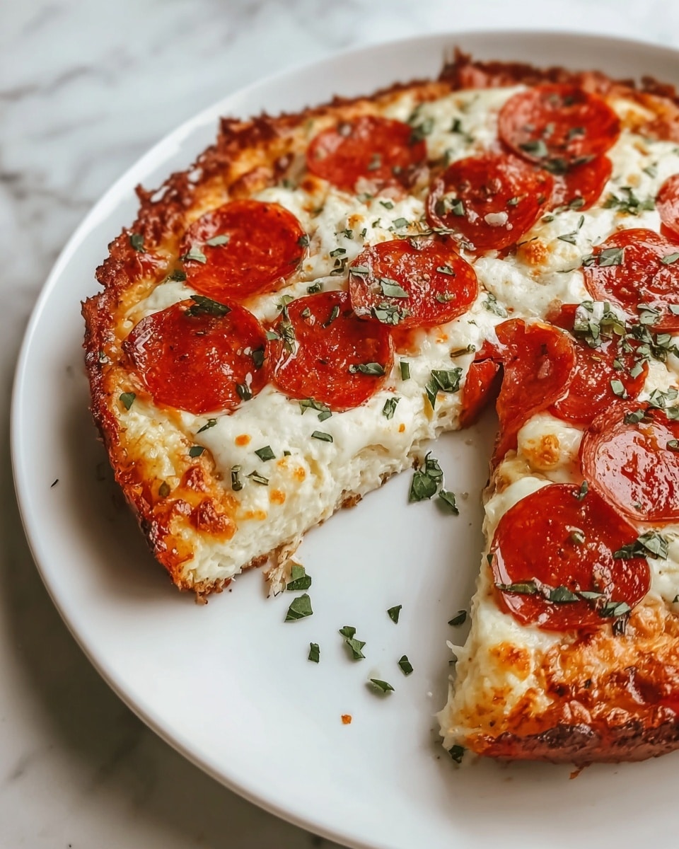 A round pizza with a golden-brown crust sits on a white plate on a white marbled surface. The pizza has three distinct layers: a thin, slightly crispy crust at the bottom; a thick, white, fluffy cheese layer with a soft texture in the middle; and a melted, slightly browned cheese layer on top. Bright red pepperoni slices are evenly spread on the top cheese layer, with small green herb pieces sprinkled across the surface and around the plate. A woman’s hand is not visible but implied by the missing slice, revealing the pizza’s soft inside. Photo taken with an iphone --ar 4:5 --v 7