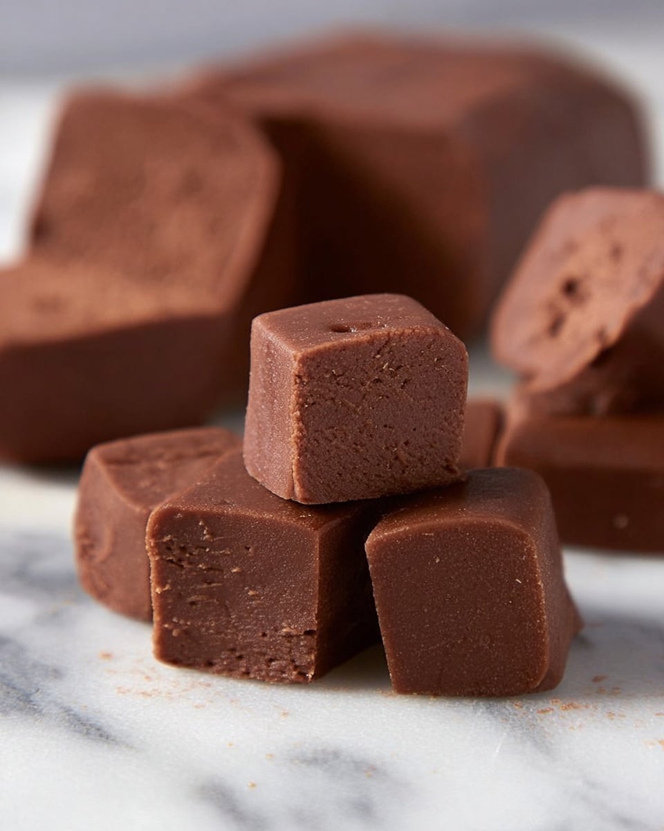 A close-up image shows several smooth, dense chocolate fudge cubes arranged on a white marbled surface. Each cube is rich brown with a slight shine and small holes on the surface, showing a soft texture. In the back, a large rectangular block of the same chocolate fudge is partially sliced, revealing the smooth inside. A woman's hand is gently holding one fudge cube between her fingers, lifting it above the others. The setting is clean and simple, focusing on the rich texture and color of the chocolate fudge pieces. photo taken with an iphone --ar 4:5 --v 7
