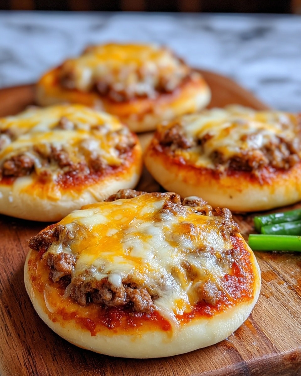 The image shows four small round pizzas on a wooden board, each with three main layers: a thick, light golden crust at the bottom, a bright red tomato sauce spread evenly on the crust, and a generous layer of ground beef pieces covered by melted, bubbly cheese that is golden brown in spots on top, with some cheese slightly dripping down the sides. Small green vegetable pieces are visible on the board near the pizzas. The background is blurred but shows a white marbled texture. photo taken with an iphone --ar 4:5 --v 7