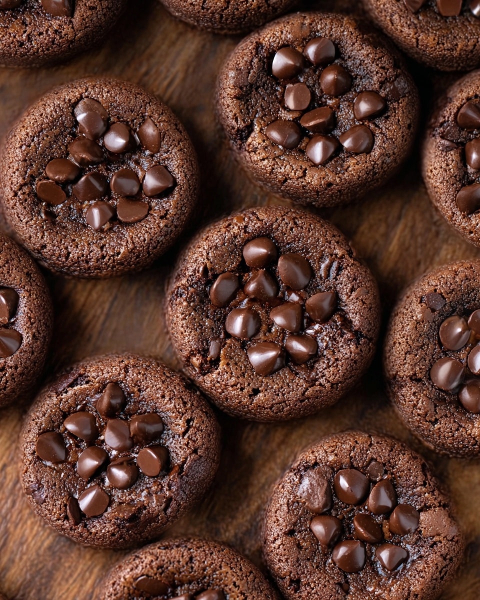 The image shows multiple small round chocolate cookies arranged closely together on a wooden surface, each topped with a handful of shiny chocolate chips that are slightly melted, contributing to a rich, glossy look. The cookies have a textured, slightly cracked surface with a dark brown color, indicating a dense and fudgy consistency. The chocolate chips on top are scattered mostly in the center, with some chips slightly sunk into the cookie base, creating a layered effect of baked dough and melting chips. photo taken with an iphone --ar 4:5 --v 7