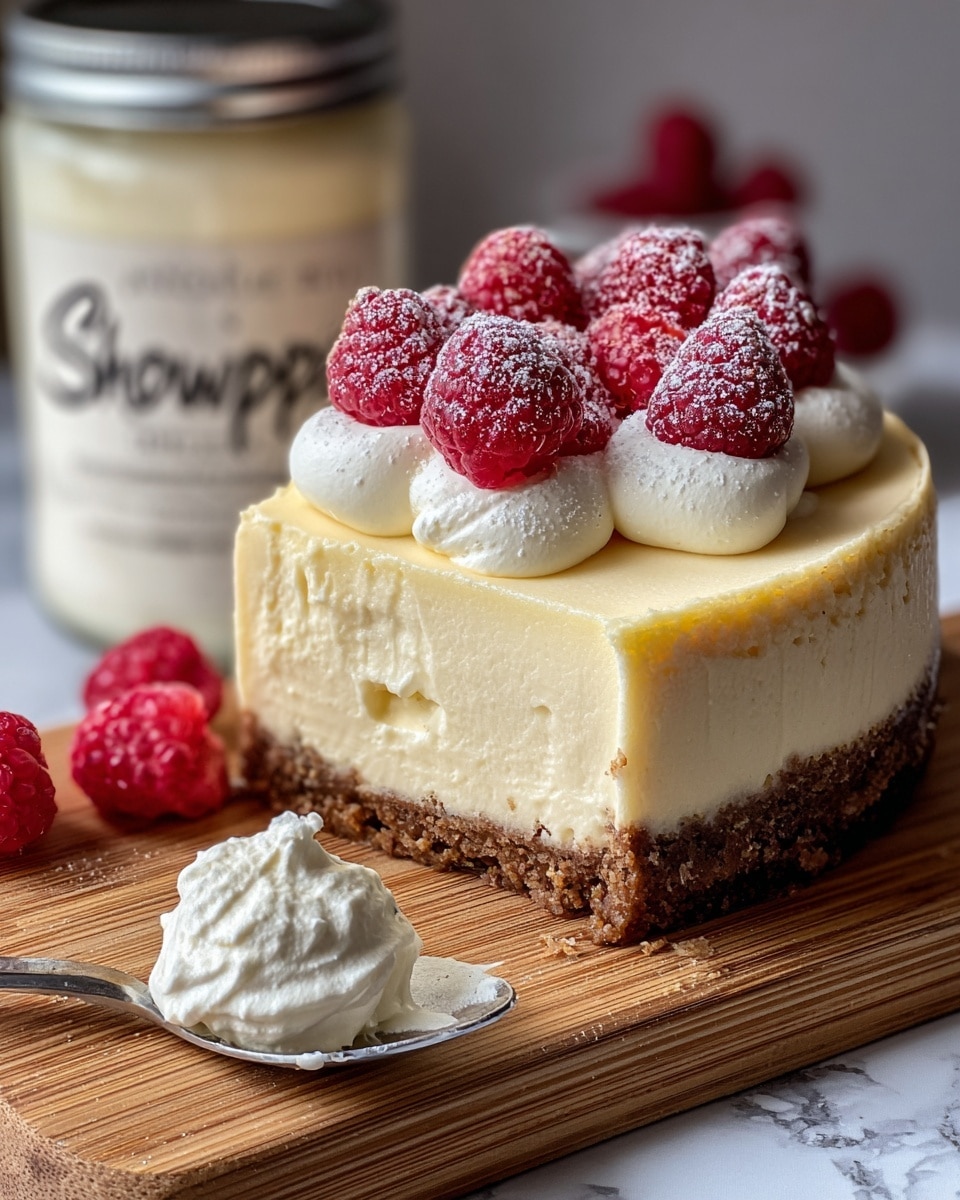 A single square piece of creamy cheesecake with three visible layers: a dense dark brown crumb crust on the bottom, a thick pale yellow creamy cheesecake layer in the middle, and a smooth light yellow top layer. On top of the cheesecake are six bright red raspberries arranged closely, sitting on dollops of white whipped cream that peek out around the berries. The cheesecake is set on a round wooden board, with a small silver spoon holding some creamy white filling resting beside it. The background is a white marbled texture, slightly blurred, with part of a white jar with black and white label visible in the back right. photo taken with an iphone --ar 4:5 --v 7