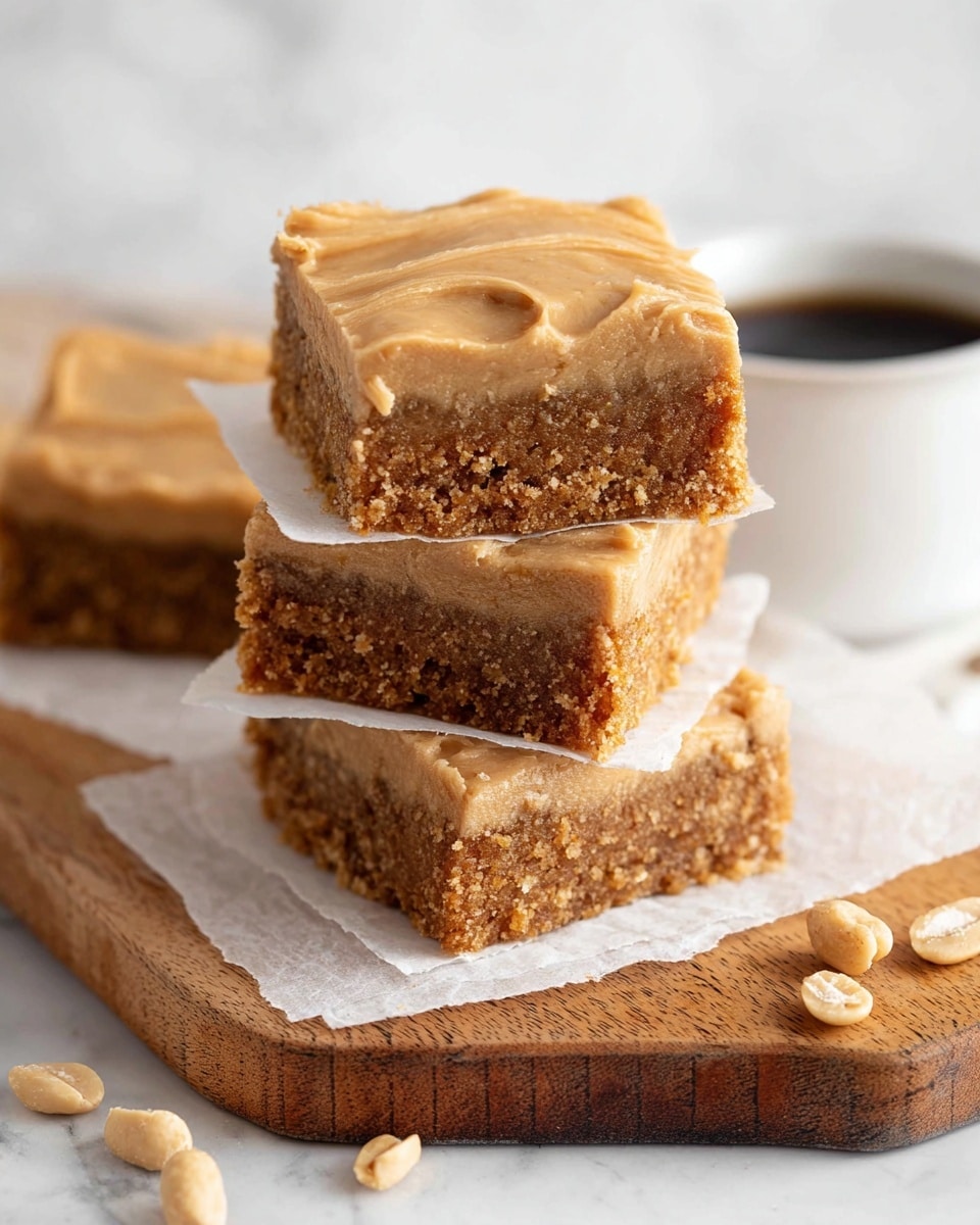 The image shows three square bars stacked on top of each other with white parchment paper between each layer. Each bar has two layers: a thick, moist-looking brown base with a crumbly texture, and a smooth, creamy, light brown frosting on top. The top layer appears slightly swirled, giving it a soft texture. The stack rests on a wooden board covered with a white parchment sheet, with a few pale peanuts placed in front. In the blurred background, part of a white cup filled with dark coffee is visible. The setting is on a white marbled surface. photo taken with an iphone --ar 4:5 --v 7