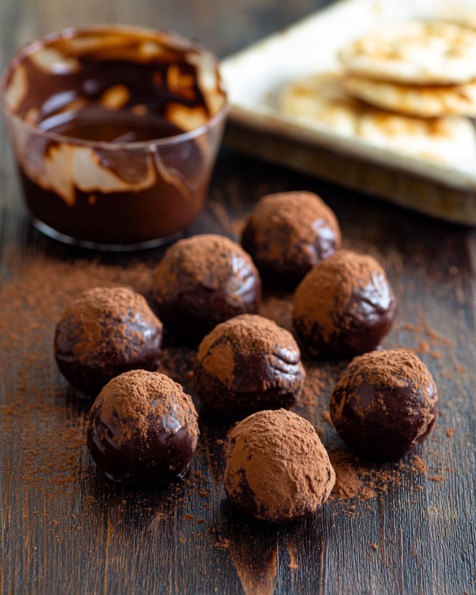 Nine rough-textured chocolate truffles with a shiny, slightly cracked surface are arranged in three rows on a dark wooden table. In the background, there is a small transparent white bowl with melted chocolate, showing rich brown liquid inside and chocolate smudges on the inside edges. A white tray with pieces of flatbread or crackers sits beyond the bowl on the same dark wooden table. The scene is softly lit, highlighting the truffles' rich chocolate color against the wood grain. photo taken with an iphone --ar 4:5 --v 7