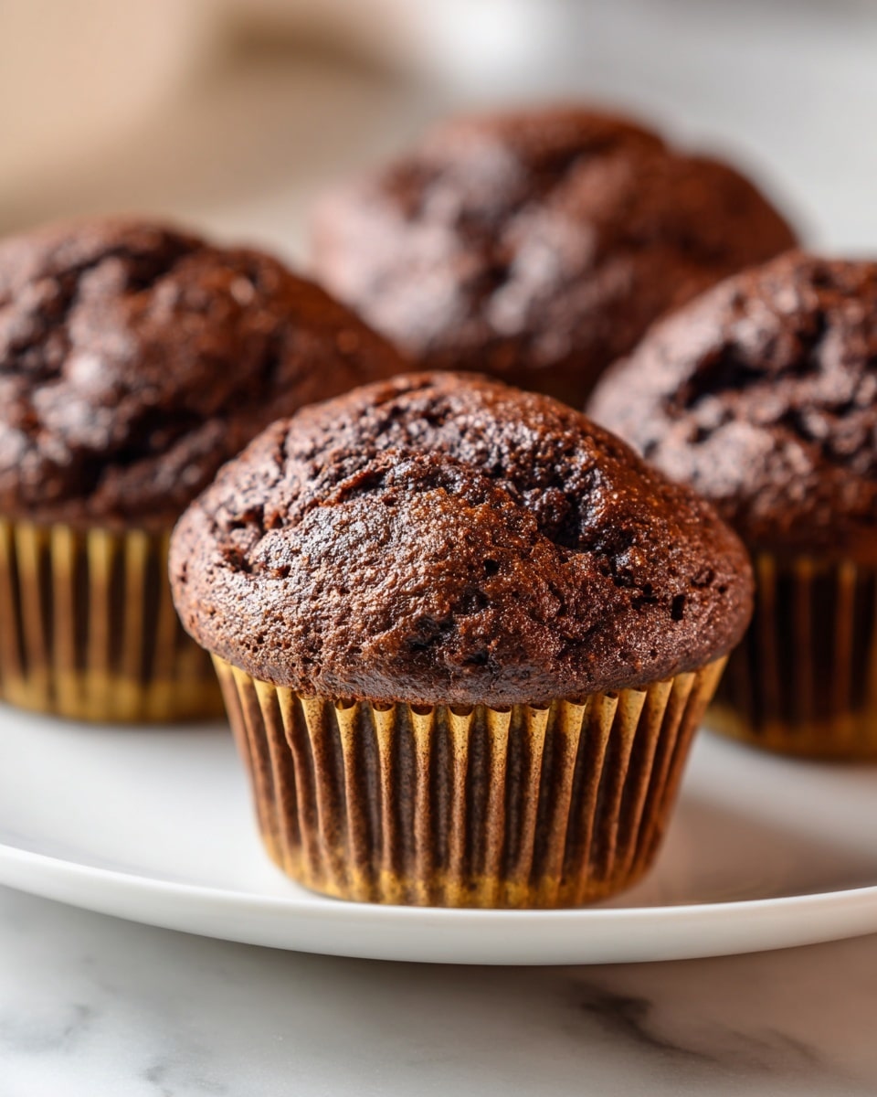 A close-up view of four chocolate muffins arranged closely on a white plate set on a white marbled surface, each muffin having a single dark brown, cracked, and textured top layer with a slightly rough surface, and wrapped with a gold and brown ridged paper liner at the base, creating a warm, rich appearance. The muffin at the front is the main focus, showing detailed texture that looks soft yet dense, while the others gently blur into the background. photo taken with an iphone --ar 4:5 --v 7