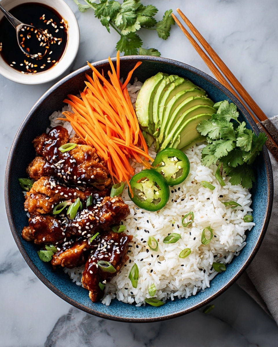 A blue bowl on a white marbled surface holds a colorful meal with five main layers: at the bottom is a large portion of white rice sprinkled lightly with black pepper and chopped green onions; on top of the rice, to the left, there are glazed, dark brown chicken strips topped with white sesame seeds and chopped green onions; above the chicken, there is a layer of light brown cooked grains; next to the grains, thin strips of bright orange carrots pile up; to the right of the grains and carrots, slices of green avocado are fanned out, beside fresh green cucumber rounds and cilantro leaves. A pair of wooden chopsticks rests on the right side of the bowl, and a small brown dish with sauce and lime wedge sit nearby. Photo taken with an iphone --ar 4:5 --v 7