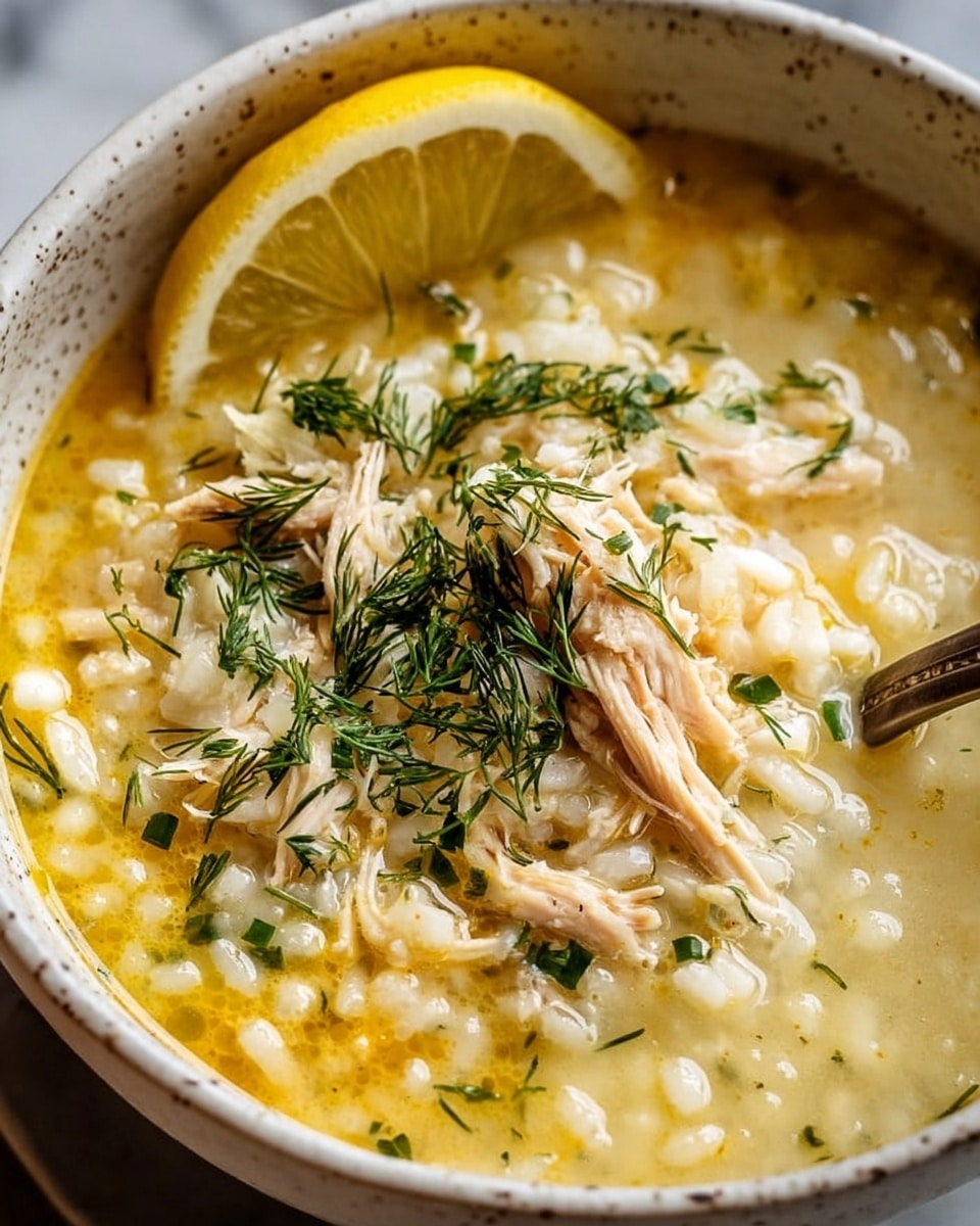 A close-up view of a white speckled bowl filled with a creamy soup that has three visible layers: a soft yellow broth base mixed with small white rice grains, tender shredded chicken pieces on top, and fresh green dill sprinkled over the surface. A bright yellow lemon wedge sits inside the bowl near the edge, and a spoon is placed on the right side inside the bowl. The bowl is set on a white marbled texture. photo taken with an iphone --ar 4:5 --v 7