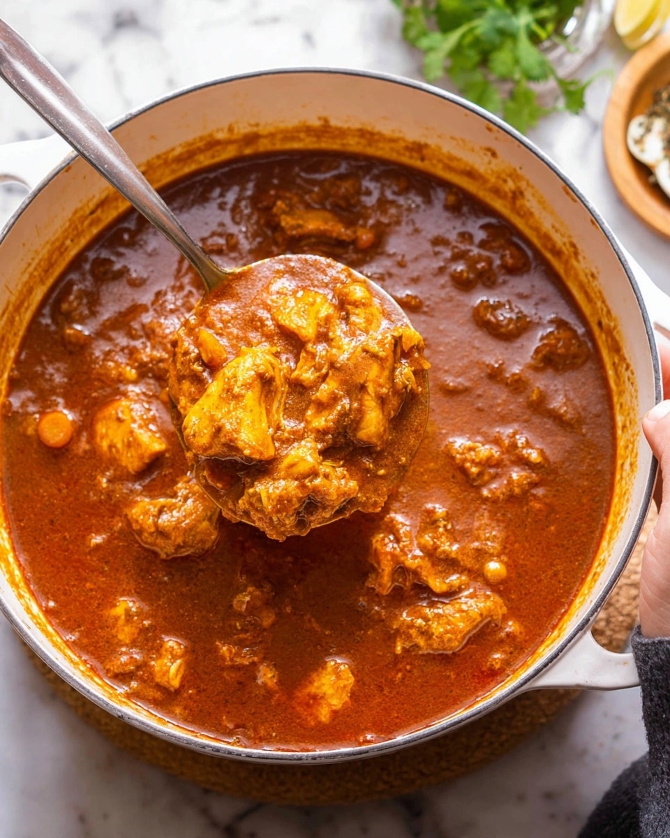 A yellow-handled pot filled with a thick, rich red-orange stew that has chunks of meat and vegetables, topped with chopped green herbs. The stew has a smooth texture with visible bits of meat and orange carrot pieces near the surface. To the top left, there is a white bowl of bright yellow rice garnished with small green herb pieces. The pot and bowl sit on a white marbled surface with a striped blue and white cloth partially visible to the right and fresh green herb sprigs scattered around. photo taken with an iphone --ar 4:5 --v 7