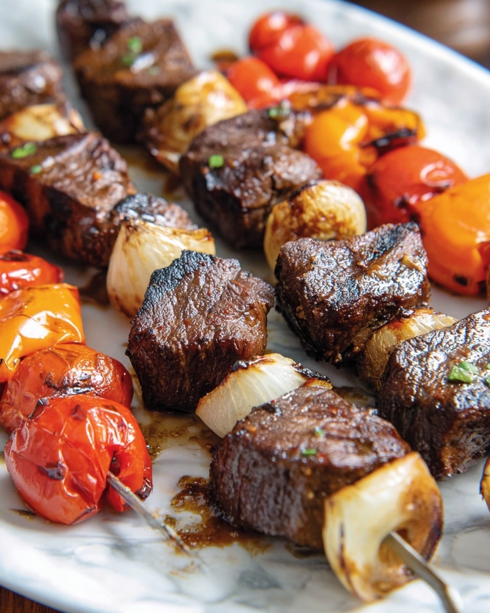 The image shows a white plate with two metal skewers of grilled beef cubes placed in the center, each skewer holding about six large, dark brown, charred pieces with a glossy finish from marinade or juices. Beneath the skewers is a flatbread with a light tan color and soft texture. Surrounding the skewers on the plate are grilled vegetables: bright red and orange bell peppers with black grill marks, small golden-brown onions with a slightly charred surface, some mushrooms with a light tan and brown speckled pattern, and small round red tomatoes with blistered skins. In the background, there is a tray lined with foil holding additional skewers of beef cubes that appear darker and more cooked, resting on a white marbled surface. Photo taken with an iphone --ar 4:5 --v 7