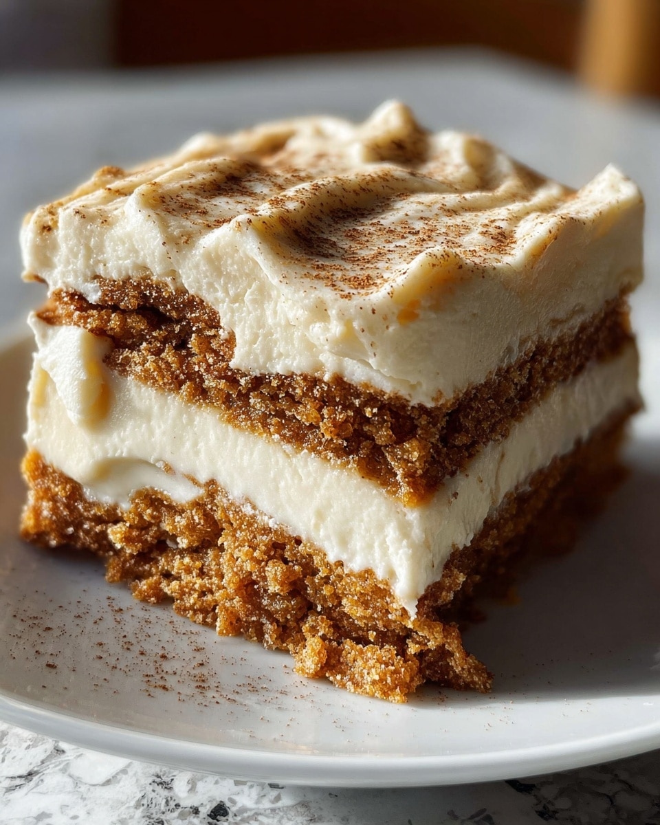 A close-up view of a three-layer dessert slice on a white plate, placed on a white marbled surface. The bottom layer is a dense, crumbly cake with a rich brown color. The middle layer is a smooth, white creamy filling that sits evenly between the two cake layers. The top layer is a thick, fluffy frosting in a pale cream shade, spread unevenly with visible peaks and soft swirls, sprinkled lightly with a dusting of brown spice. The texture of the cake appears moist and slightly coarse, while the cream and frosting look soft and smooth. Photo taken with an iphone --ar 4:5 --v 7
