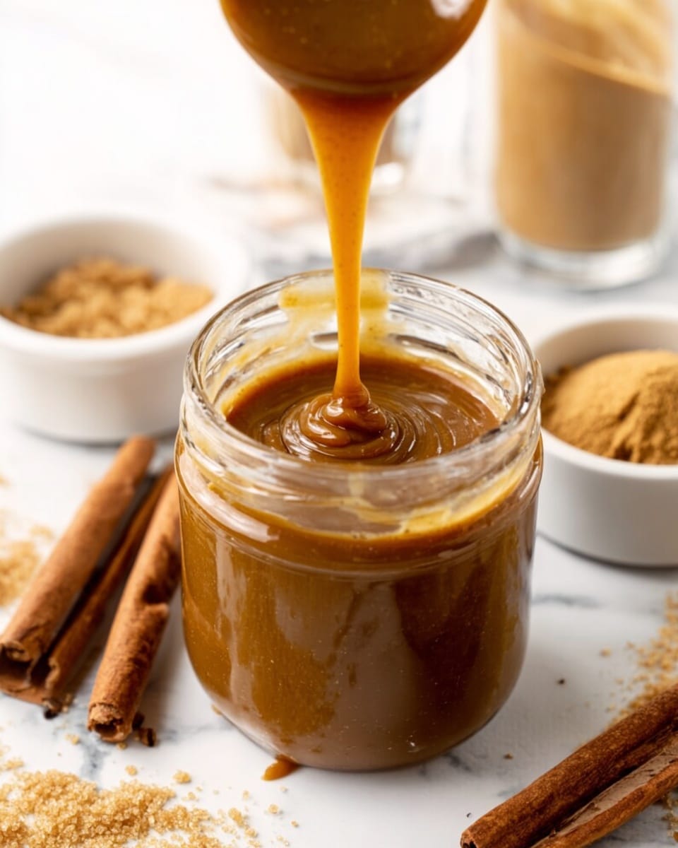 A glass jar filled with thick, smooth caramel sauce in a rich golden brown color sits on a white marbled surface; caramel is being slowly poured into the jar from above, creating a glossy swirl on the top layer. Around the jar, there are small white bowls and glass containers holding light brown sugar and cinnamon powder, along with cinnamon sticks scattered casually nearby. The texture of the caramel looks creamy and shiny, with visible small air bubbles inside the jar. photo taken with an iphone --ar 4:5 --v 7