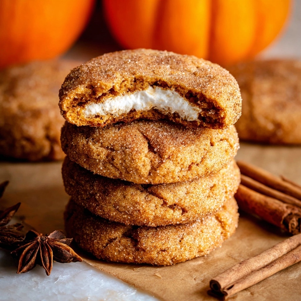 A close-up of a stacked cookie cut in half, showing four layers of soft, brown, slightly cracked cookie dough filled with three thick layers of smooth, white cream. The top cookie surface is sugar-coated with a grainy texture. In the background, there is an orange pumpkin blurred out, and in the foreground, there are two cinnamon sticks and a dark brown star anise, all placed on a piece of brown parchment paper over a white marbled surface. photo taken with an iphone --ar 4:5 --v 7