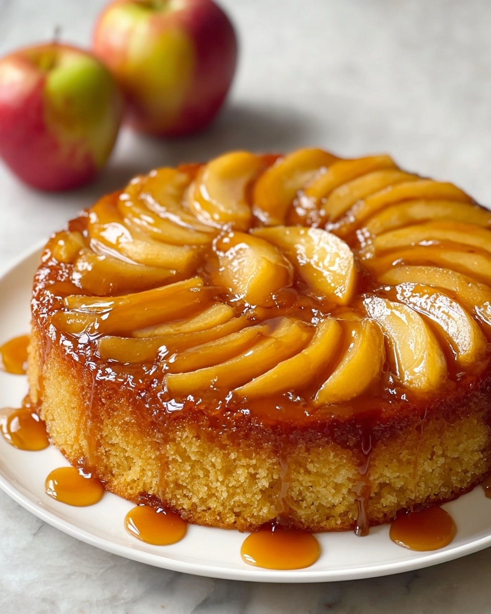 A round upside-down apple cake on a white plate sits on a white marbled surface. The cake has two layers: a thick, golden-brown sponge cake base with a soft, slightly crumbly texture, and on top, baked apple slices arranged in a circular pattern, shiny with a rich caramel glaze that drips slowly down the sides onto the plate, creating small pools of amber syrup. The apple slices are pale yellow with a smooth, glossy finish, layered closely but fanning outward from the center. In the background, two whole apples are softly out of focus. Photo taken with an iphone --ar 4:5 --v 7