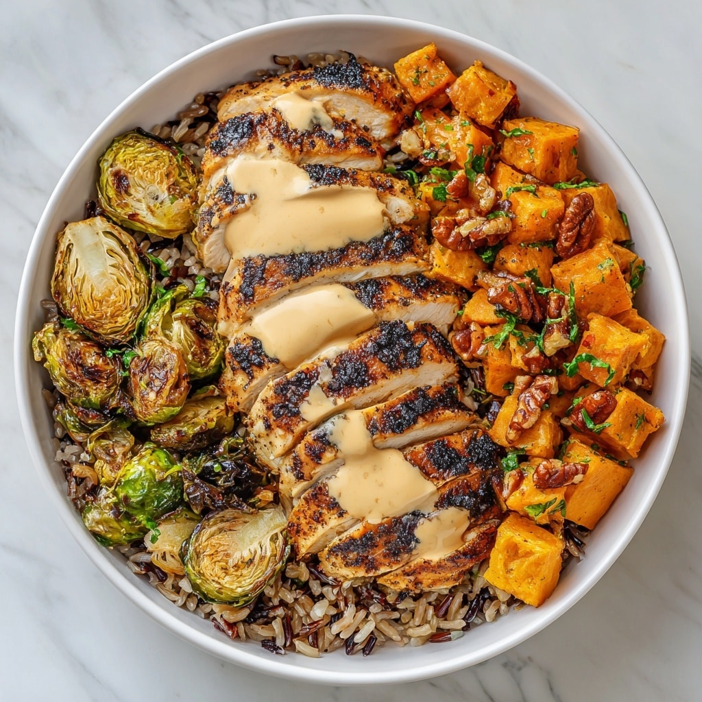 The image shows a white bowl filled with four main layers arranged side by side. The base layer is a mix of wild rice, with a slightly uneven texture and a mix of brown and off-white grains. On top of the rice, there are slices of grilled chicken breast placed in the center, featuring a golden-brown charred surface with creamy tan-colored sauce drizzled unevenly over them. On one side of the chicken, there are caramelized Brussels sprouts, cut in half, showing a crispy, brown seared outer surface and green interiors. On the opposite side, there are chunks of roasted sweet potatoes with an orange hue, sprinkled with small pieces of pecans and some fresh green herbs. The bowl sits on a white marbled surface. Photo taken with an iphone --ar 4:5 --v 7