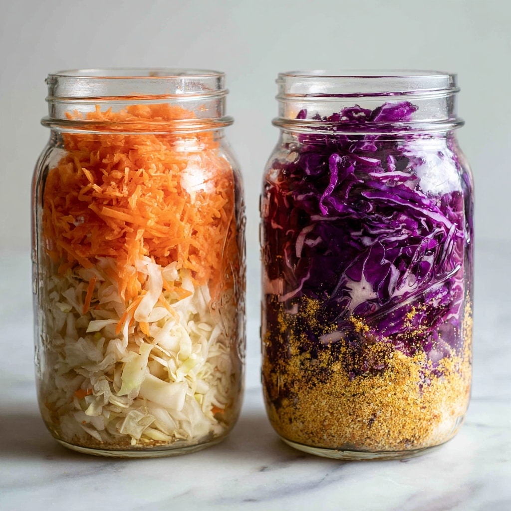 Two glass jars filled with layered pickled vegetables stand side by side on a white marbled surface. The jar on the left contains several layers of shredded vegetables, starting with pale yellow and light green cabbage pieces, interspersed with bright orange carrot slices and some purple bits, all packed tightly. The texture looks soft and wet from the pickling liquid. The jar on the right is filled mainly with deep purple cabbage layers, mixed with orange carrot strips and some yellow seasoning visible throughout, creating a rich, colorful contrast. Both jars have silver metal lids, and the light shines softly through the glass, highlighting the varied colors and textures. photo taken with an iphone --ar 4:5 --v 7