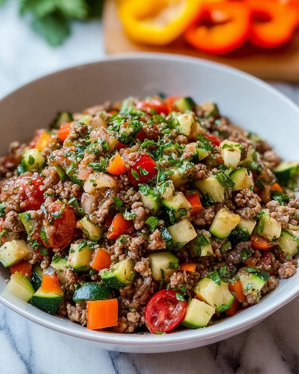 A close-up of a white bowl filled with a colorful mix of cooked ground meat and diced vegetables. The dish has several layers: the base is brown crumbly ground meat, mixed evenly with small cubes of bright green zucchini, orange and red bell peppers, and some chunks of red tomato. Green chopped herbs are sprinkled over the whole dish, adding freshness and contrast. The bowl sits on a white marbled surface, and in the background, some sliced orange bell peppers are visible out of focus. photo taken with an iphone --ar 4:5 --v 7