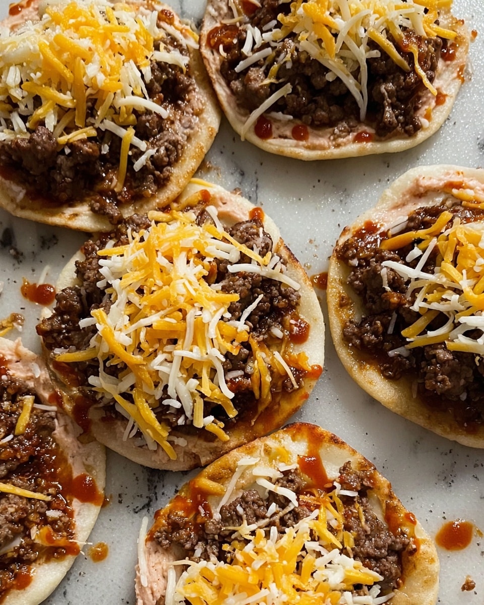 The image shows several small flatbread rounds laid out on a white marbled surface, each topped with three visible layers. The first layer is a light pinkish spread that looks creamy, smeared evenly to cover the flatbread. On top of this is a thick layer of cooked ground beef, dark brown in color with a slightly greasy texture. The third layer is a generous sprinkle of shredded cheese, a mix of yellow and white cheeses adding a bright contrast to the darker beef. There are drops of reddish sauce visible on some flatbreads and around them on the surface, adding a shiny, moist look. The arrangement is close together, filling most of the frame. photo taken with an iphone --ar 4:5 --v 7