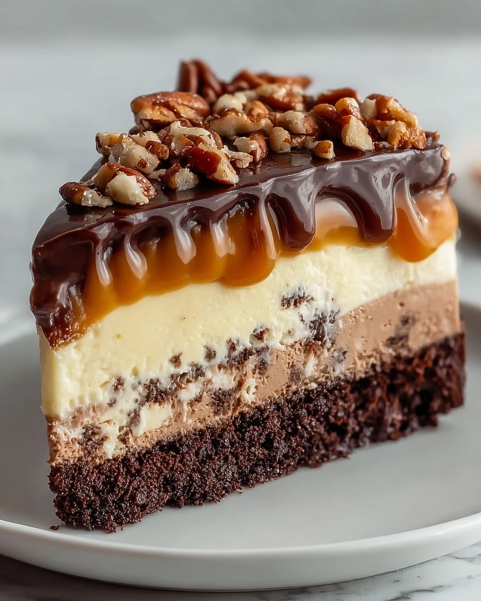 A slice of multi-layered cake sits on a white plate with a white marbled texture background. The bottom layer is a dark, crumbly chocolate crust. Above it, there is a creamy white layer with small chocolate chunks mixed in. The middle layer is smooth and light brown chocolate mousse. On top, there is a thick shiny dark chocolate ganache covered with glossy caramel drizzles and sprinkled with chopped pecans. The textures range from crumbly at the base to creamy and smooth in the middle, finishing with sticky and crunchy on top. photo taken with an iphone --ar 4:5 --v 7