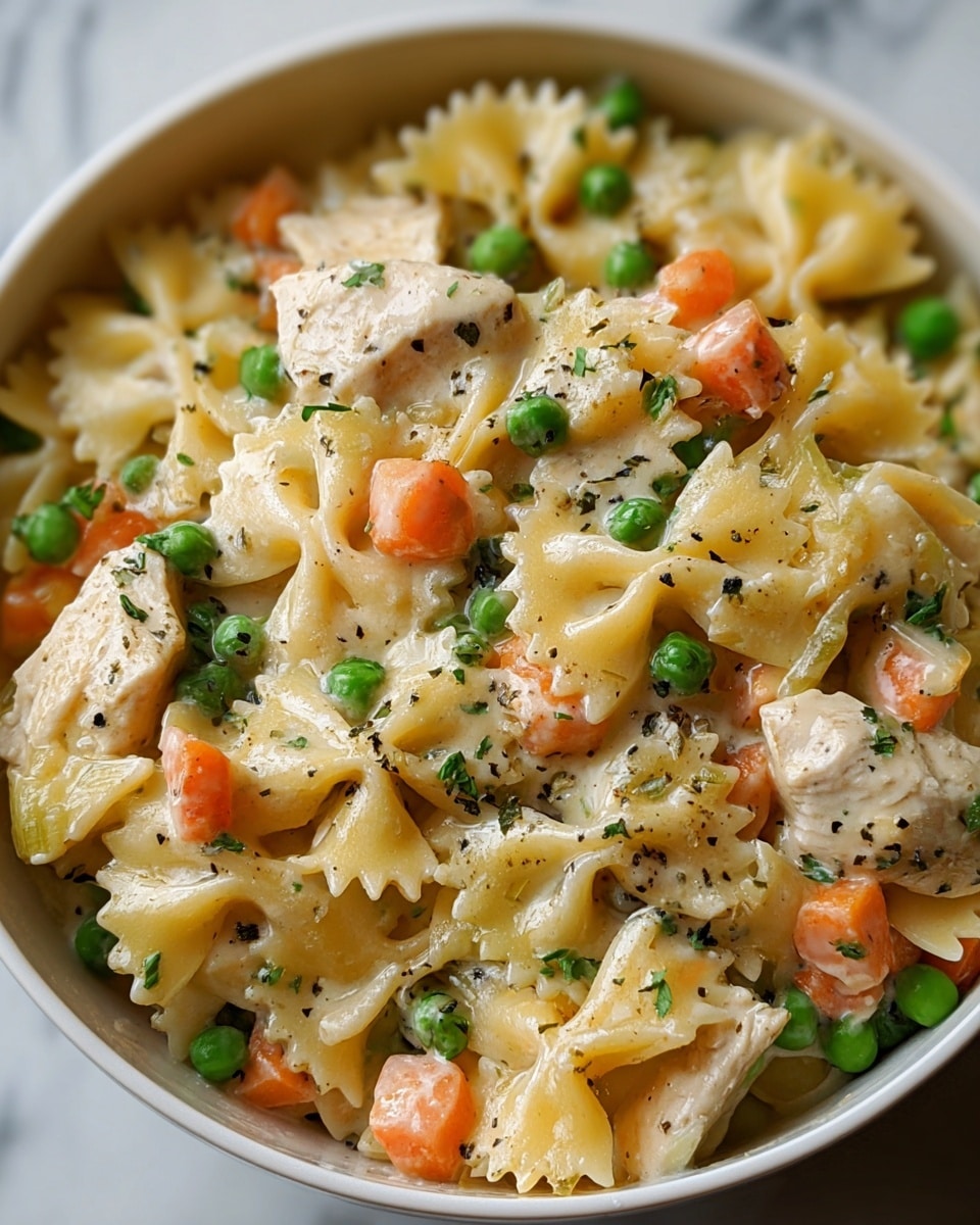 The dish is a close-up of creamy pasta in a white bowl placed on a white marbled surface. It has one main layer of farfalle (bow-tie) pasta, light yellow in color with a soft texture, mixed with pieces of white cooked chicken. Small bright green peas and orange carrot cubes are scattered evenly throughout. The creamy sauce has a smooth, rich texture and is light beige, coating the pasta and ingredients. Tiny green herb bits and specks of black pepper are sprinkled on top, adding color contrast and a fresh look. Photo taken with an iphone --ar 4:5 --v 7