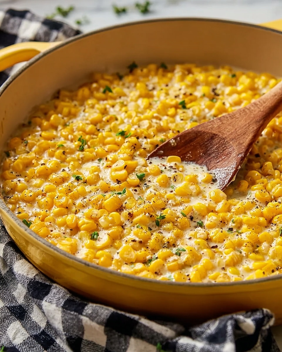 A close-up of a cooked creamy corn dish in a yellow cast-iron pan with visible yellow corn kernels mixed with small bits of white cream, sprinkled with black pepper and small green herb pieces, and a wooden spoon stirring from the right side, all sitting on a white marbled surface partially covered with a black and white checkered cloth, photo taken with an iphone --ar 4:5 --v 7