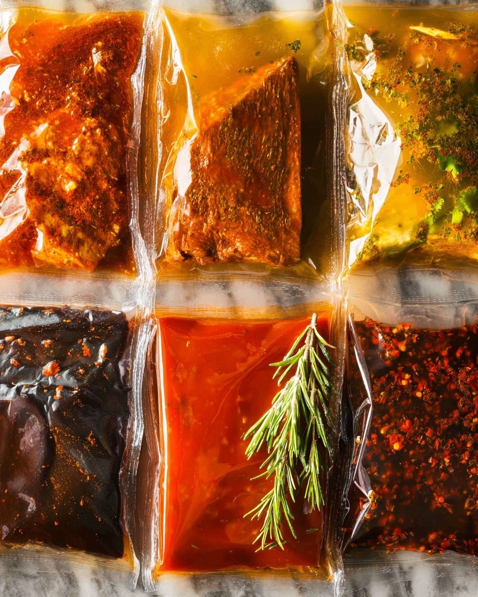The image shows six vacuum-sealed bags arranged in a 2 by 3 grid on a white marbled surface. Each bag contains different marinated meats or sauces with vibrant colors and textures. The top left bag has a reddish-orange marinade with visible spices and a meat piece inside. The top right bag contains a lighter, yellowish marinade with herbs and a thick meat piece. The middle left bag shows a bright red sauce with a smooth texture covering a meat piece. The middle right bag features a dark brown marinade with a fresh green sprig of rosemary on top. The bottom left bag has a dark, almost black marinade enveloping the meat. The bottom right bag contains a marinade with red chili flakes and a well-seasoned meat piece. The clear plastic of the bags shines under the lighting, emphasizing the different colors and textures. Photo taken with an iphone --ar 4:5 --v 7