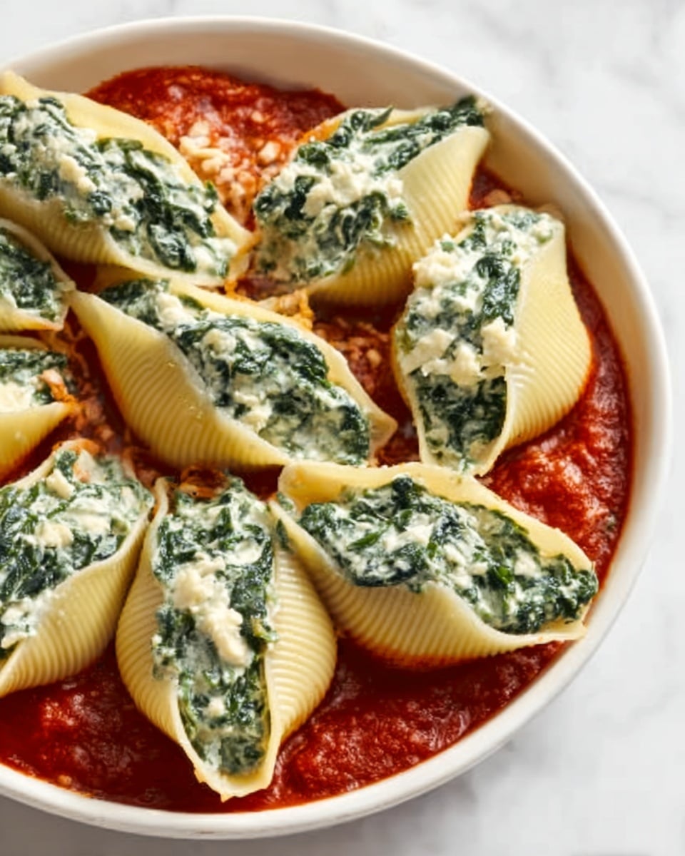 This image shows a white baking dish filled with large pasta shells sitting on a thick layer of rich, deep red tomato sauce. Each shell is stuffed with a creamy, white mixture that has small green spinach leaves mixed throughout, giving a textured and fresh look. The pasta shells are a light yellow color with ridged edges and are arranged close together in the dish. The white marbled surface underneath the dish is bright and clean. photo taken with an iphone --ar 4:5 --v 7