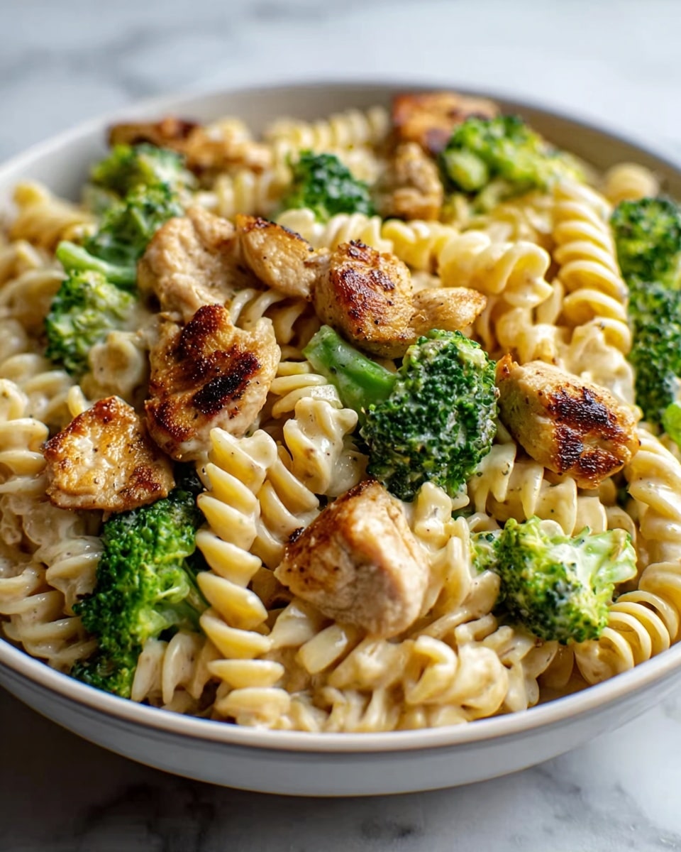 A close-up view of a white bowl filled with three layers: at the bottom, creamy sauce coating spiral pasta in a light beige color; in the middle, bright green broccoli florets dispersed evenly throughout; on top, golden brown seared chicken pieces scattered over the pasta and broccoli with slight charring on the edges. The bowl sits on a white marbled surface. The dish looks warm and fresh, with a mix of soft pasta, tender vegetables, and lightly crisped meat. photo taken with an iphone --ar 4:5 --v 7