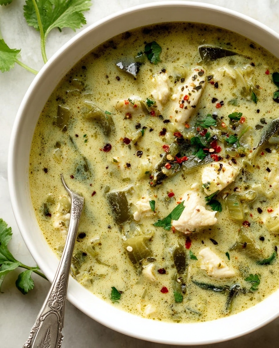A large round pot filled with a creamy yellow-green soup, with small bubbles and herbs floating throughout the broth. On the top center, there is a pile of shredded white chicken pieces lightly sprinkled with black pepper and some red chili flakes. Scattered fresh green herbs are spread over the soup surface. A black spoon is partially submerged in the soup, resting near the chicken, with a label on the handle showing a red square and white text. The pot is set on a white marbled surface. Photo taken with an iphone --ar 4:5 --v 7