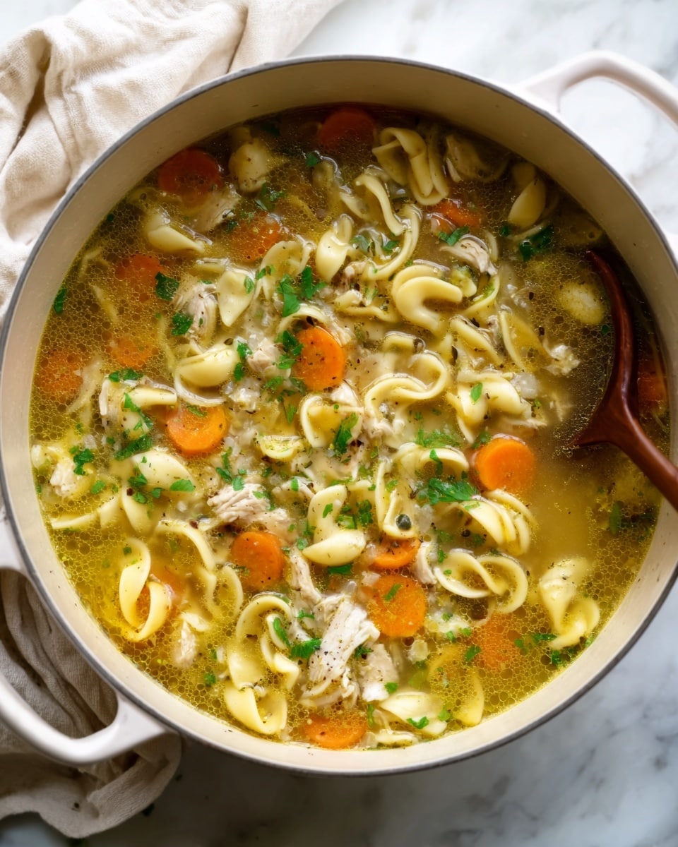 A white pot filled with clear broth soup containing multiple small, twisted pasta shapes, orange carrot slices, chopped green herbs, and small pieces of cooked chicken. The broth looks light yellow with visible bubbles and steam. The pot sits on a white marbled surface with a cream-colored cloth partially visible next to it. photo taken with an iphone --ar 4:5 --v 7