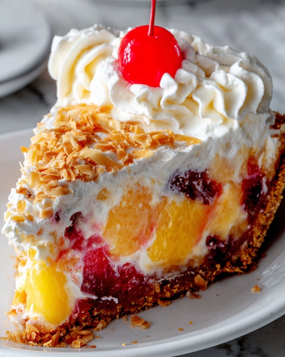 A slice of pie with a rough brown crumb crust at the base and edges holds a creamy white layer topped with a shiny, jelly-like layer holding yellow pineapple pieces, red cherries, and toasted coconut flakes. A big swirl of white whipped cream sits on top, crowned by a bright red cherry. Another red cherry rests on the white marbled surface next to the slice, with some crumbs scattered around. The photo taken with an iphone --ar 4:5 --v 7