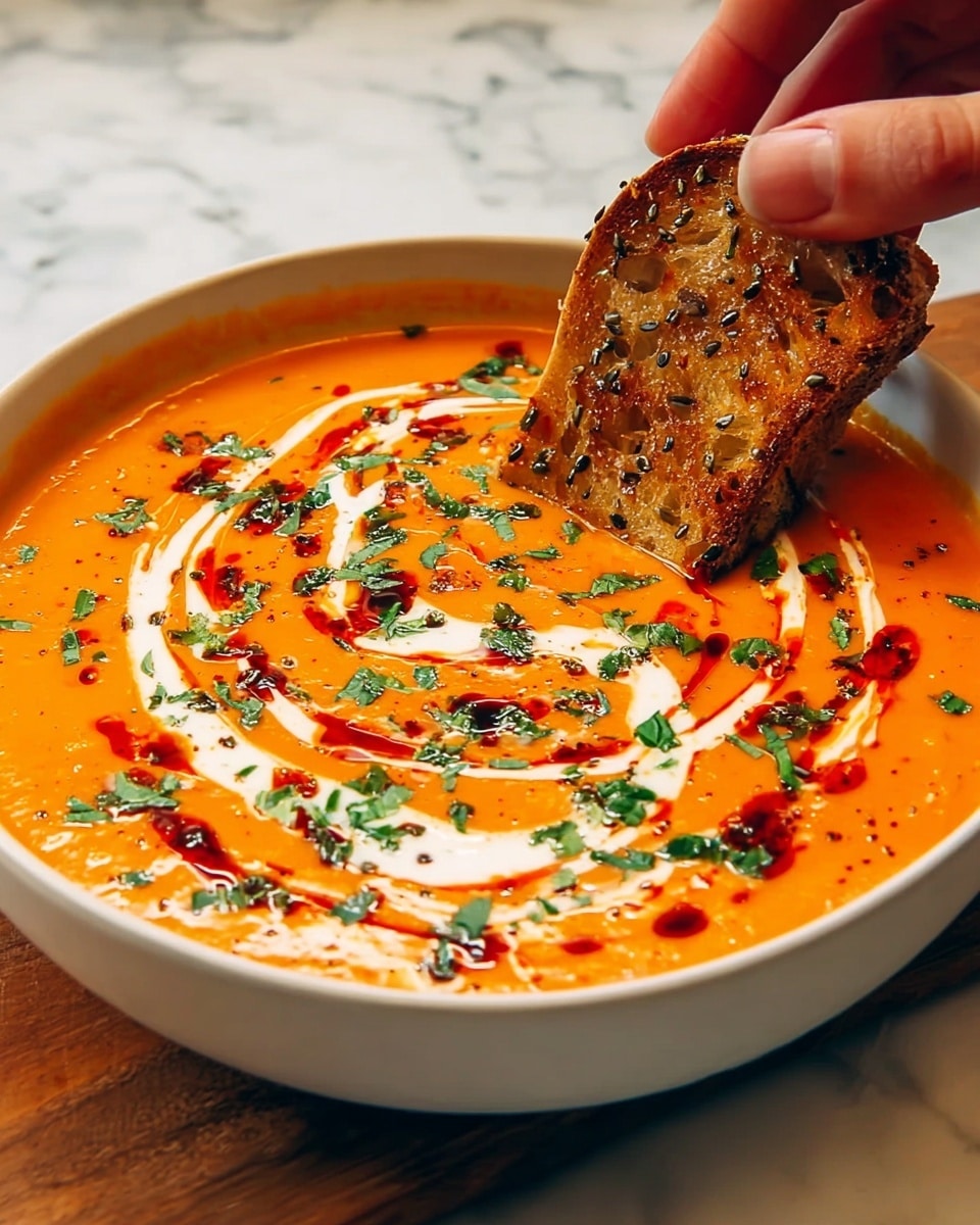 A white bowl filled with bright orange creamy soup showing a smooth texture, topped with swirls of white cream and red chili oil scattered in a swirl pattern on the surface. There are small bits of chopped green herbs sprinkled over the soup for color contrast. A woman's hand is dipping a toasted piece of crusty bread with a golden brown and seedy texture into the soup. The background is a white marbled surface. photo taken with an iphone --ar 4:5 --v 7