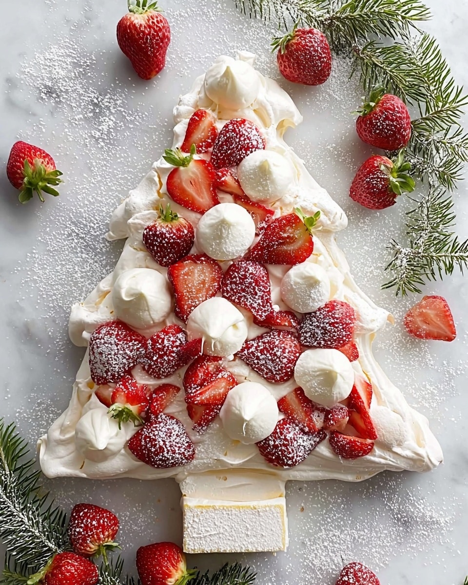 A Christmas tree-shaped dessert with three main layers: a base layer of white, crisp meringue forming the tree shape and trunk, topped with a thick layer of white whipped cream spread evenly. On top, there is a layer of whole and halved bright red strawberries scattered generously, some with green tops still attached, creating a fresh and vibrant texture. Small white meringue dollops are placed among the strawberries, some decorated with tiny gold sprinkles. The entire dish is dusted lightly with powdered sugar, giving it a snowy effect. The dessert sits on a white marbled surface, with additional strawberries and evergreen sprigs around it, enhancing the festive look. photo taken with an iphone --ar 4:5 --v 7