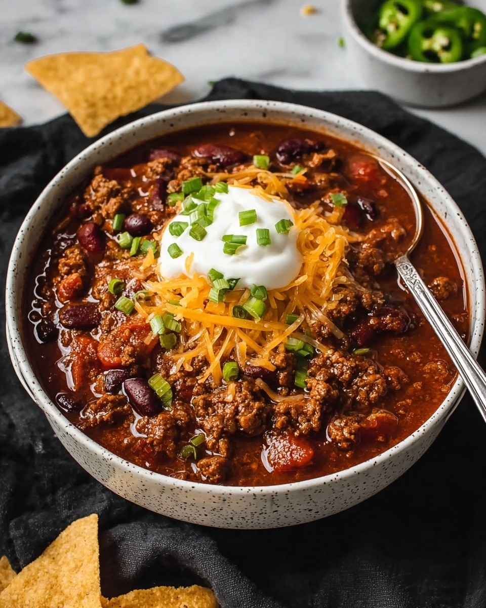 A white bowl filled with rich, thick chili showing dark red ground meat and beans as the main layer, topped with a small pile of crispy orange shredded cheese in the center, which is then crowned with a dollop of white sour cream. Small, chopped green onion pieces are scattered over the sour cream and chili for a fresh contrast. The bowl sits on a white marbled surface with a metal spoon resting nearby. photo taken with an iphone --ar 4:5 --v 7