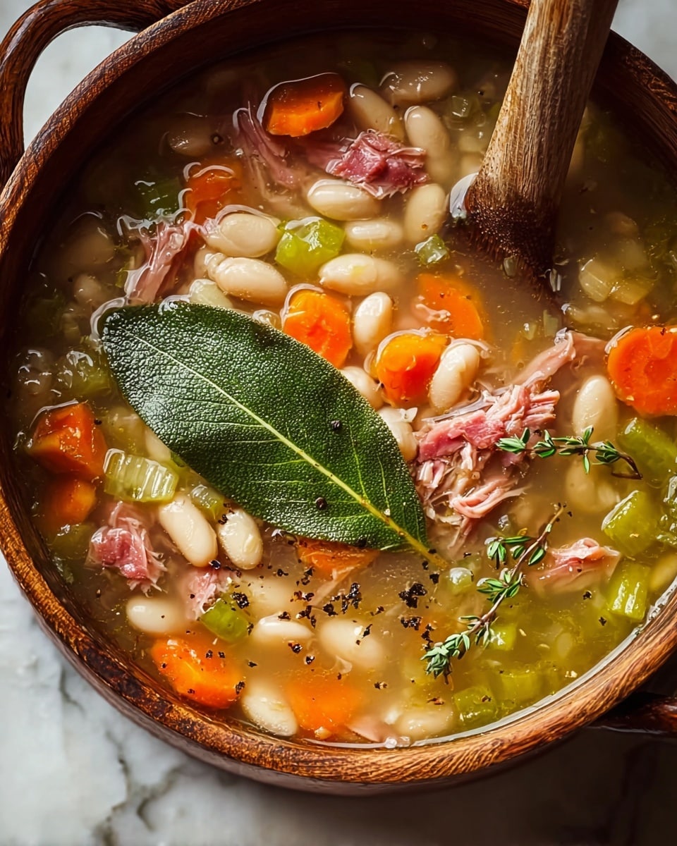 A deep wooden bowl filled with a thick soup showing a clear golden broth base. The soup has large chunks of orange carrot slices, white beans, green celery pieces, translucent cooked onions, and shredded dark reddish-brown meat scattered evenly. On top, a fresh green leaf and a small sprig of green herbs rest as garnish. A wooden spoon is partially submerged on the left side of the bowl, which sits on a white marbled surface. The lid of the bowl, matching in wood color, is slightly open on the right side. Photo taken with an iphone --ar 4:5 --v 7