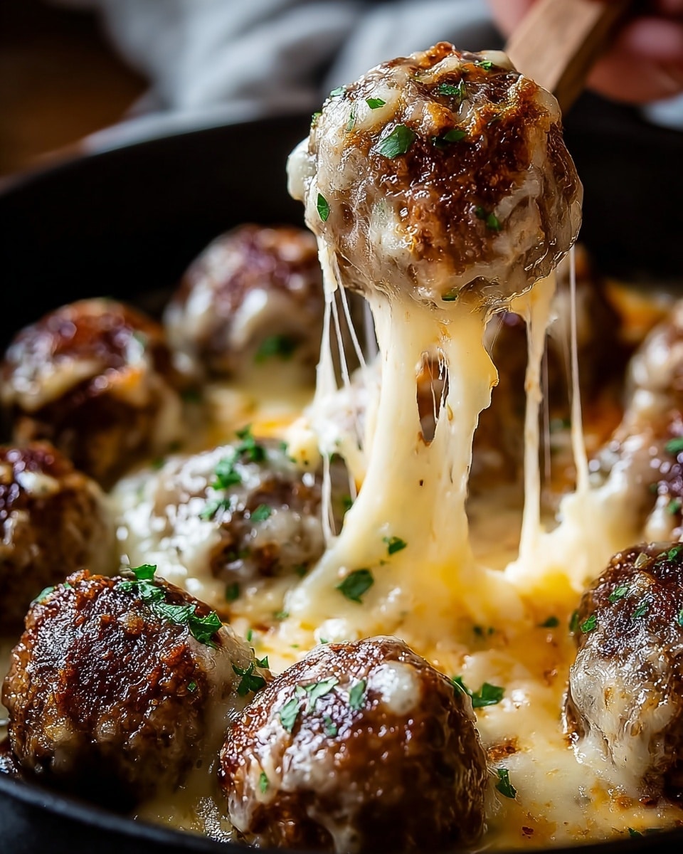 The image shows a close-up of a black pan filled with round meatballs topped with melted, slightly browned cheese. There are about eight meatballs closely packed, each with a crispy brown top layer and gooey, stretchy cheese dripping down the sides. The meatballs have a textured surface, visible herbs, and are sprinkled with finely chopped green herbs on top. A black spoon is lifting one meatball, showing its juicy inside and the melted cheese stretching between the lifted ball and the others. The whole pan sits on a white marbled surface photo taken with an iphone --ar 4:5 --v 7
