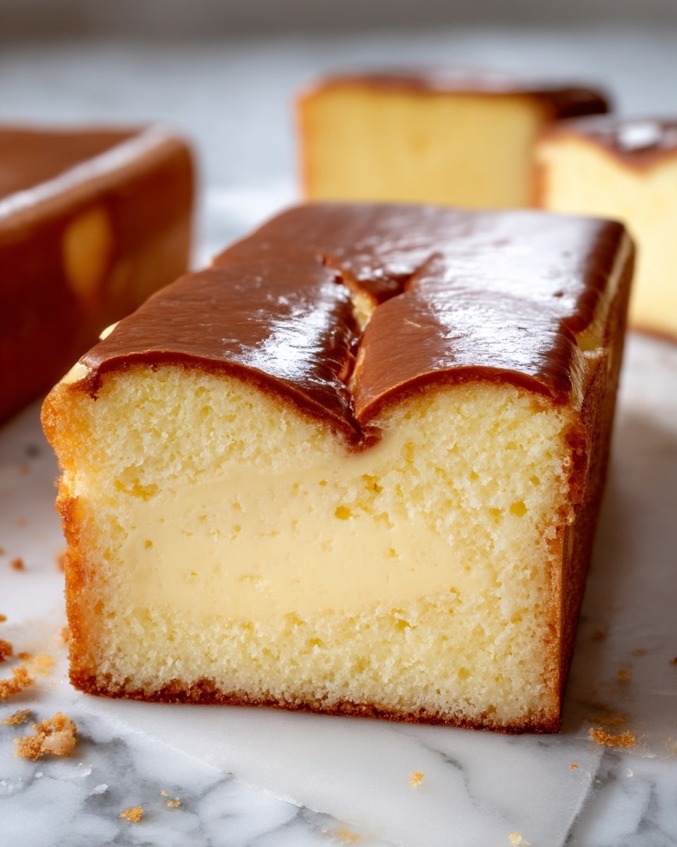 A close-up view of a rectangular cake slice with four layers: a thin dark golden brown crust on the top and sides with a smooth, shiny texture; beneath it, a thick, creamy pale yellow layer with a soft and dense texture; a slightly darker golden brown base layer firm and thin, and a small crumb on the white marbled surface below the cake. The top crust is cracked in the center, revealing the creamy layer inside. photo taken with an iphone --ar 4:5 --v 7