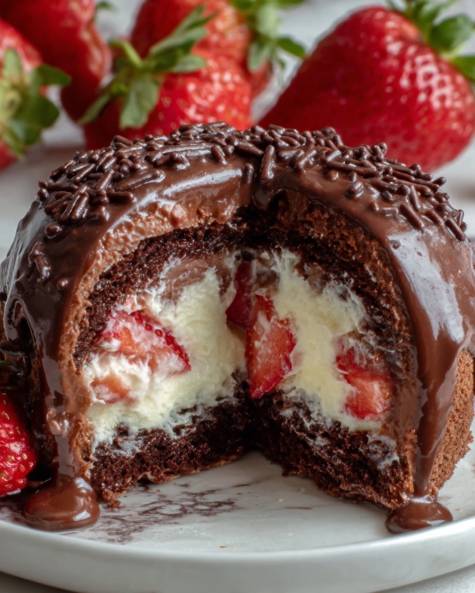 A chocolate cake cut in half reveals its inside, showing three layers: the outer layer is smooth, dark chocolate with sprinkles on top, the middle layer is creamy white filling, and the innermost layer consists of fresh red strawberry slices embedded in the cream. On top of the cake half sit bright red strawberries with green leaves. The cake is on a white plate placed on a white marbled surface. photo taken with an iphone --ar 4:5 --v 7