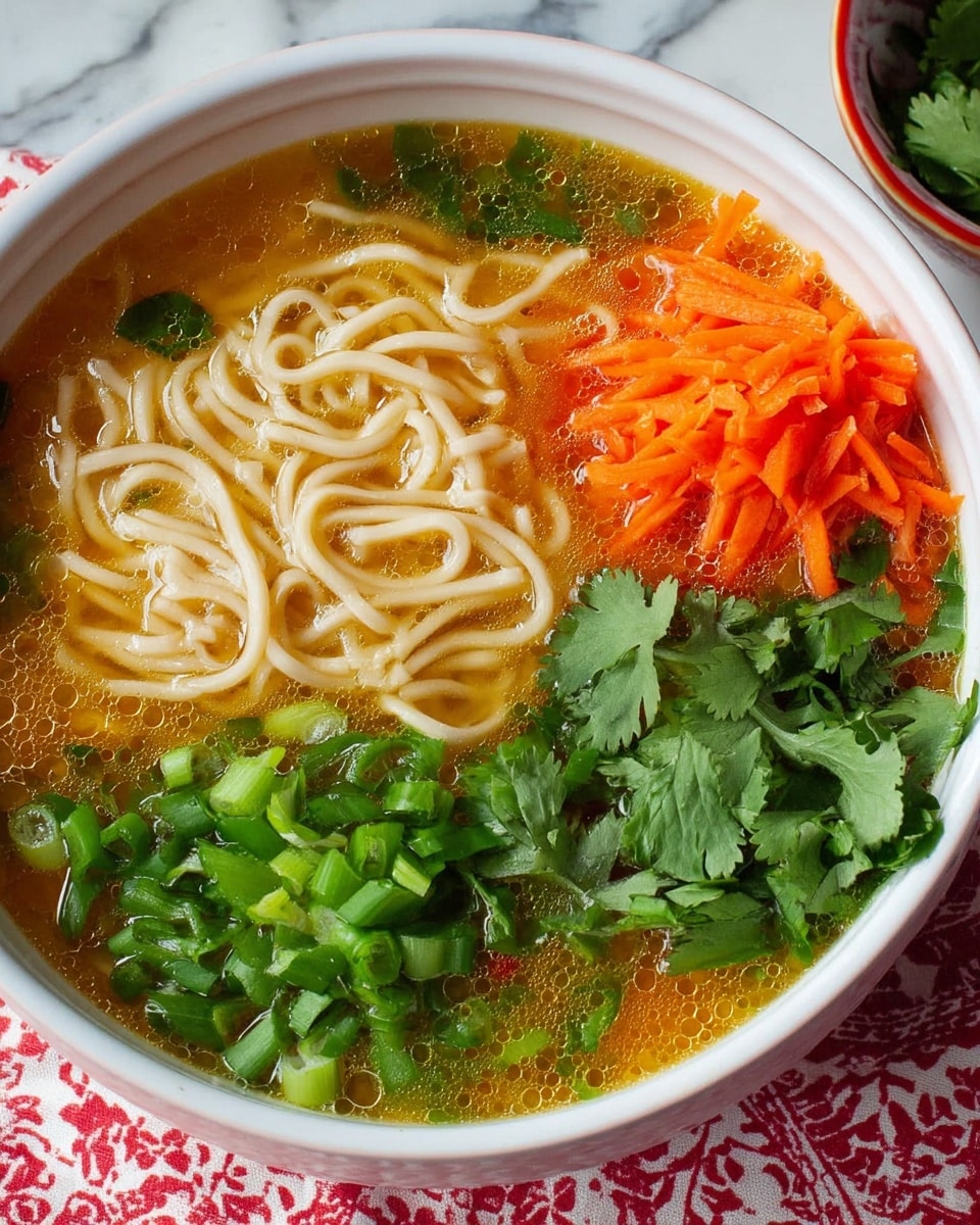 A white bowl filled with bright yellow broth sits on a white marbled surface, topped with a loose cluster of pale beige noodles on the left side, shredded orange carrots in the center with a glaze of dark sauce, and fresh green chopped scallions on the bottom right. Vibrant green cilantro leaves float on the top right of the broth, adding a fresh contrast to the soup. The broth's surface sparkles slightly with oil, and small bits of vegetables can be seen throughout. In the background, there are two white bowls partially visible, one filled with more pale noodles and the other with shredded carrots. photo taken with an iphone --ar 4:5 --v 7