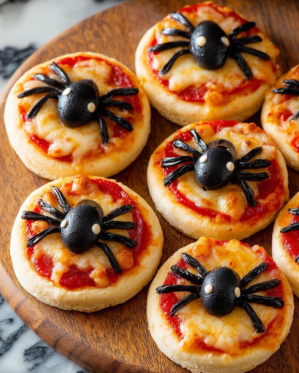 Seven small round mini pizzas are placed on a wooden board. Each pizza has a golden-baked crust as the bottom layer, topped with a layer of bright red tomato sauce. Over the sauce, there is melted light yellow cheese with a slightly browned texture. On top of each pizza, black olive pieces are arranged to look like a spider, with an oval olive for the body and a round olive for the head, and olives cut into strips for the legs. The whole setting is on a white marbled surface. photo taken with an iphone --ar 4:5 --v 7